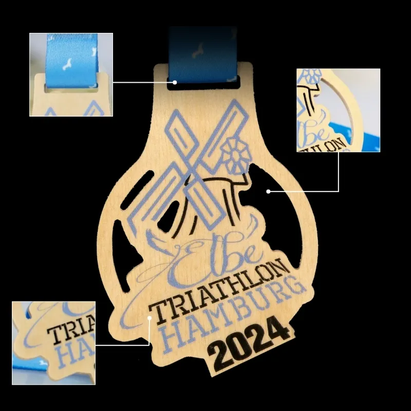 Wooden cut-out medal with triathlon 2024 design.