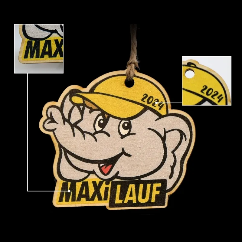 Wooden medal in the shape of an elephant with UV printing, Maxi Lauf.