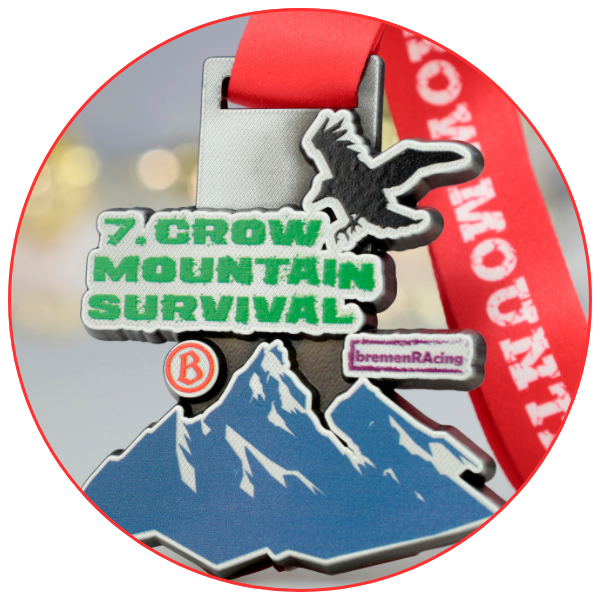 Medal designed for the 7 Crow Mountain Survival event, featuring mountain and bird graphics.