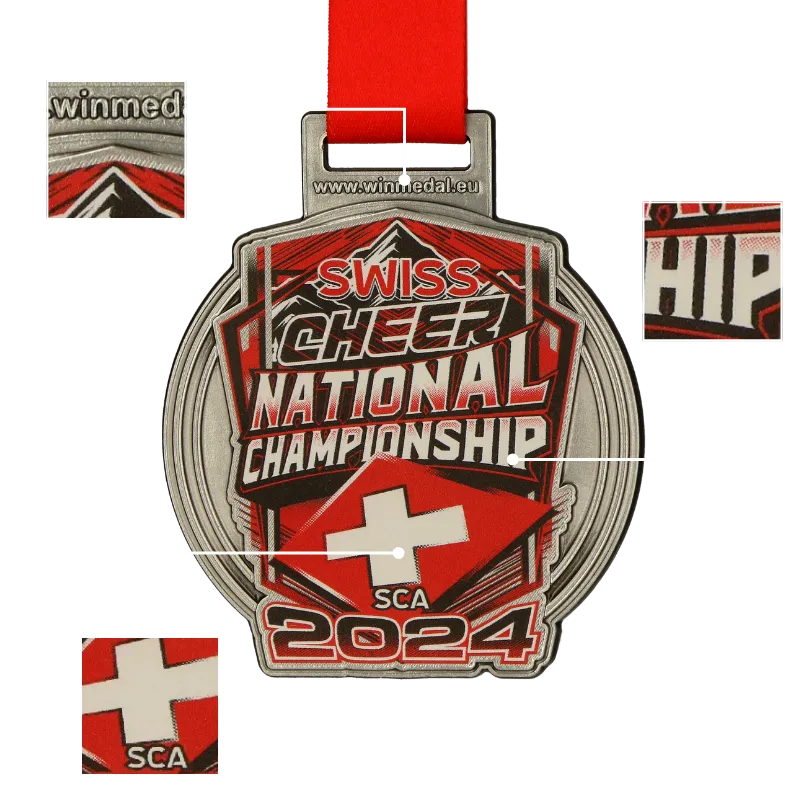 Custom medal for the Swiss Cheer National Championship 2024 with red and white elements.