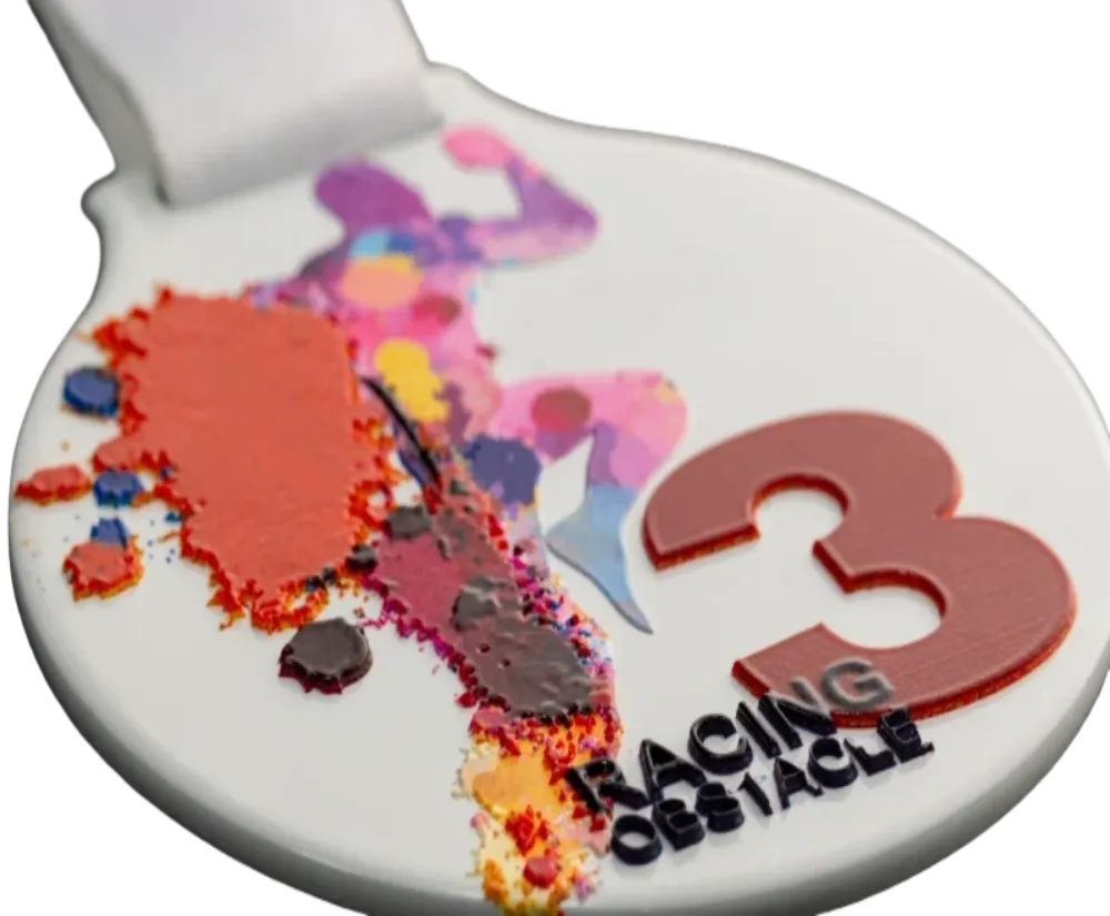 Custom medal for a Racing Obstacle event with bold, vibrant graphics and raised elements.