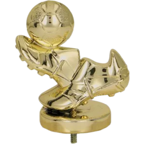 A small golden trophy shaped like a football boot kicking a football, ideal for football competitions.