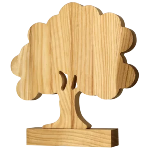 A natural wood trophy carved in the shape of a tree, ideal for eco-themed events or awards.