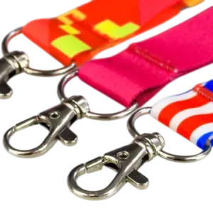 Four colourful lanyards with metal clips, designed for attaching medals or badges.