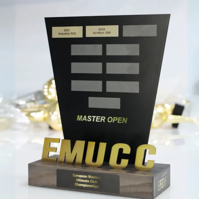 A black and gold trophy for the European Masters Ultimate Club Championships, titled 'Master Open' with custom engravings.