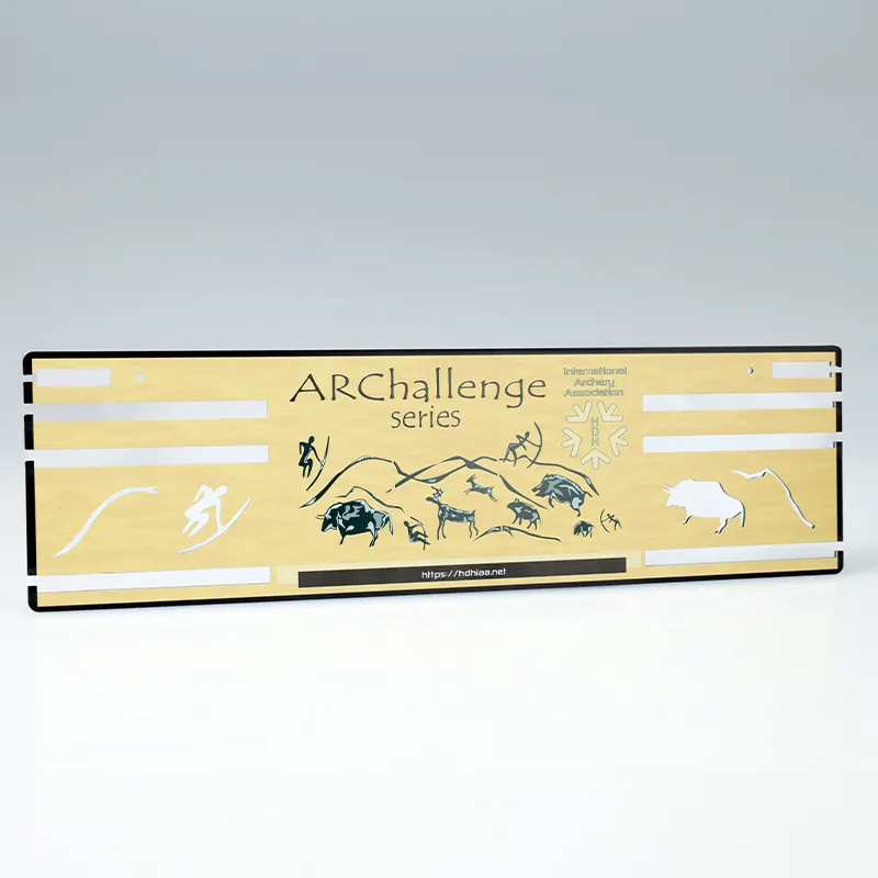 A custom ARChallenge medal hanger with engraved designs of nature and sports, including skiing and running.