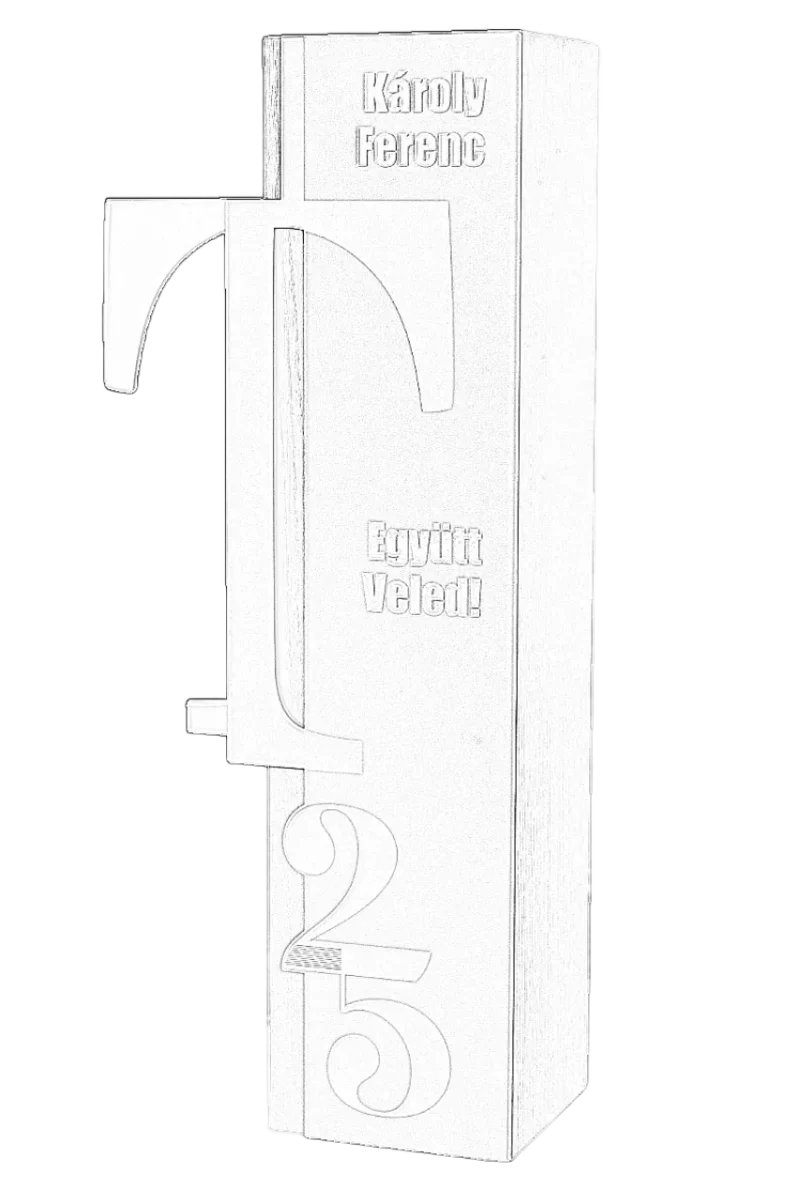 A black-and-white sketch of a custom award design for a 25th anniversary, featuring the name 'Károly Ferenc'.