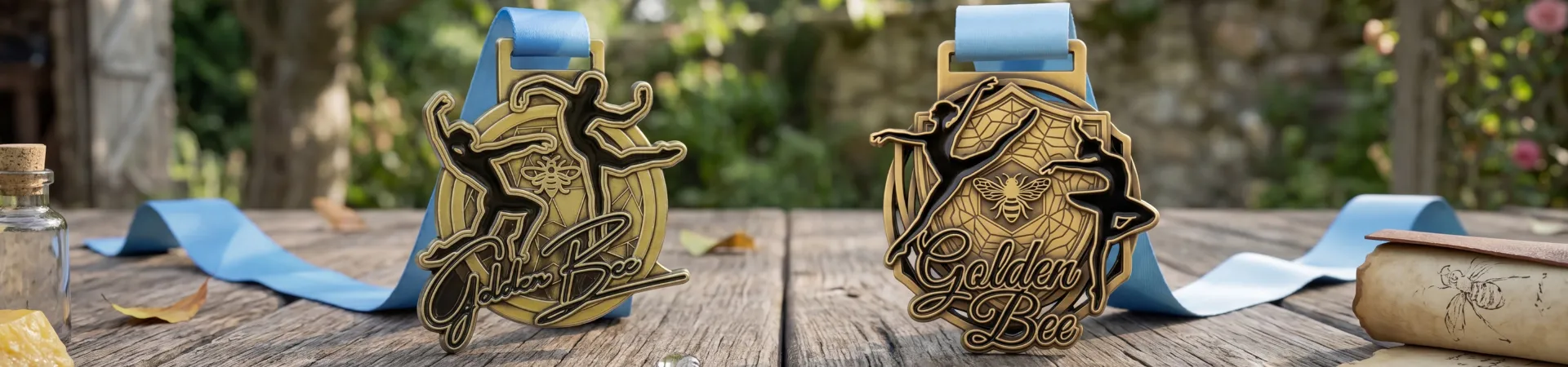 Due medaglie da danza dorate "Golden Bee" con figure di ballerine e motivi ad ape in rilievo, poggiate su un tavolo da giardino rustico con nastri blu.