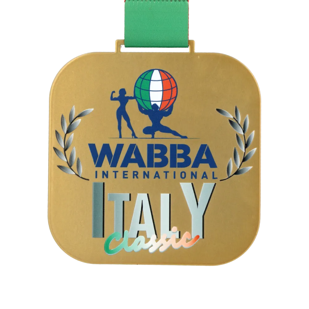 Medaglia personalizzata quadrata e dorata per WABBA Italy.