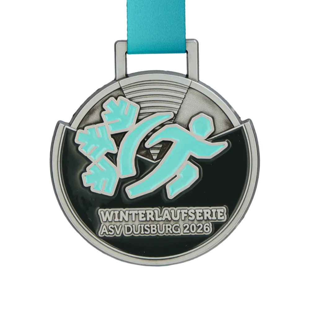 Medaglia running Winterlaufserie ASV Duisburg 2026 con motivo di corridore e neve