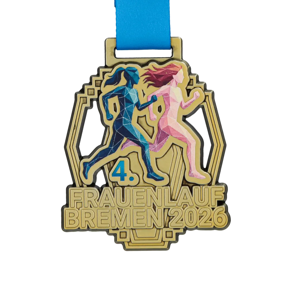 Medaglia di corsa femminile in oro antico con due silhouette di podiste e intagli geometrici, 4. Frauenlauf Bremen 2026